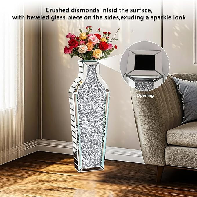 Large Mirrored Floor Vase 68.5cm Crushed Diamond Silver Glass Pampas Decor - Kwikley