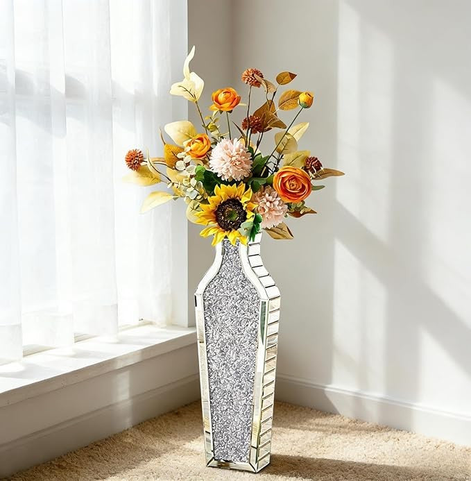 Large Mirrored Floor Vase 68.5cm Crushed Diamond Silver Glass Pampas Decor - Kwikley