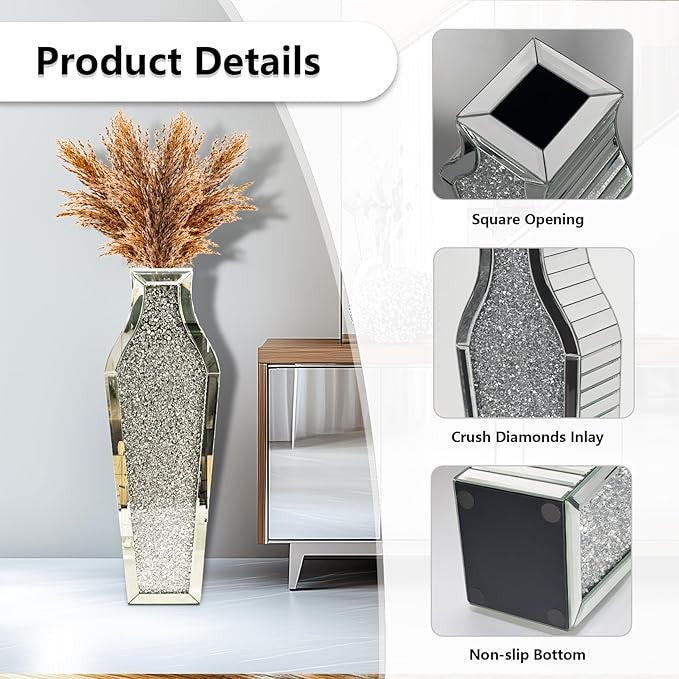 Large Mirrored Floor Vase 68.5cm Crushed Diamond Silver Glass Pampas Decor - Kwikley