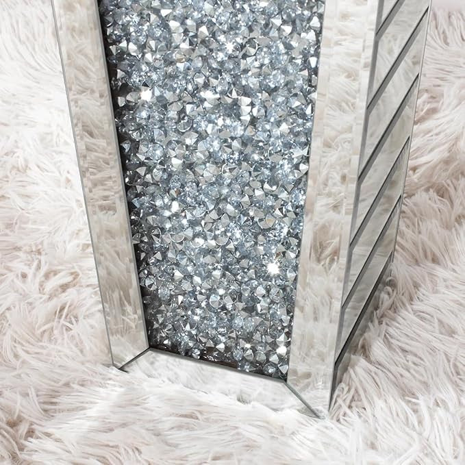 Large Mirrored Floor Vase 68.5cm Crushed Diamond Silver Glass Pampas Decor - Kwikley