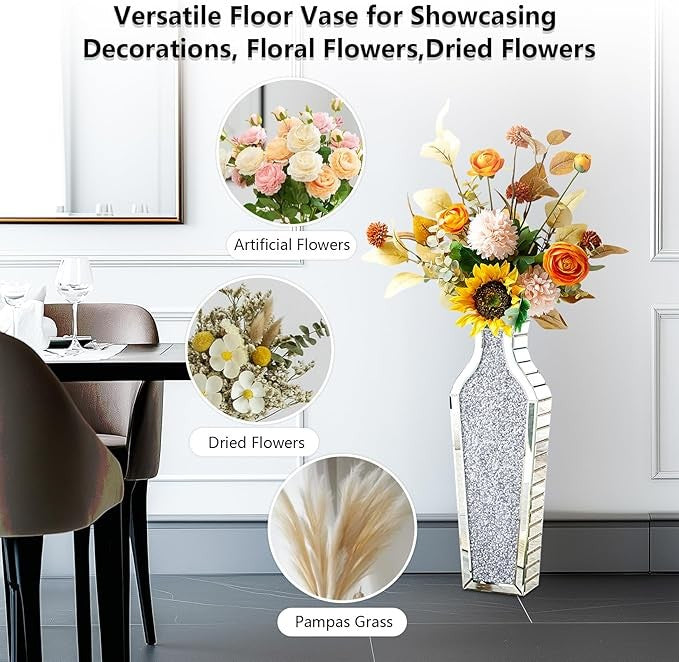 Large Mirrored Floor Vase 68.5cm Crushed Diamond Silver Glass Pampas Decor - Kwikley