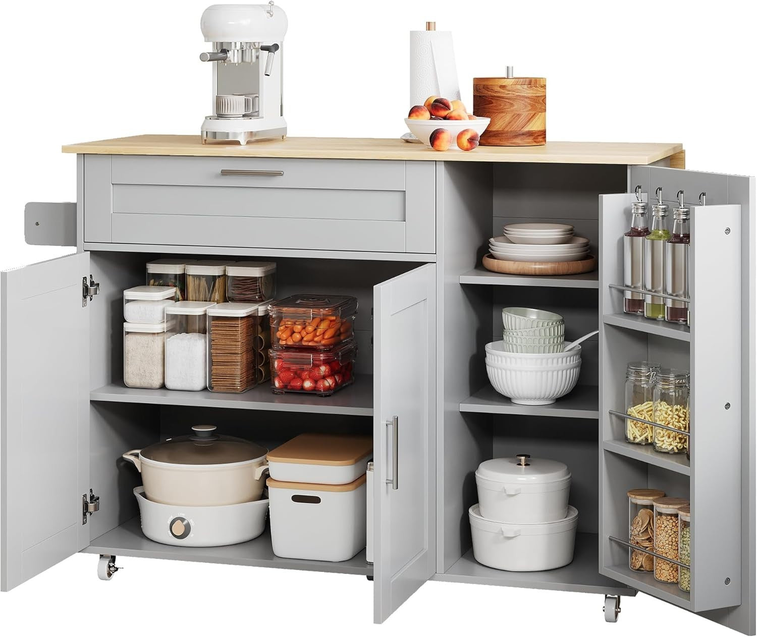 Large Mobile Kitchen Cart with Foldable Oak Countertop & Spacious Storage - Kwikley