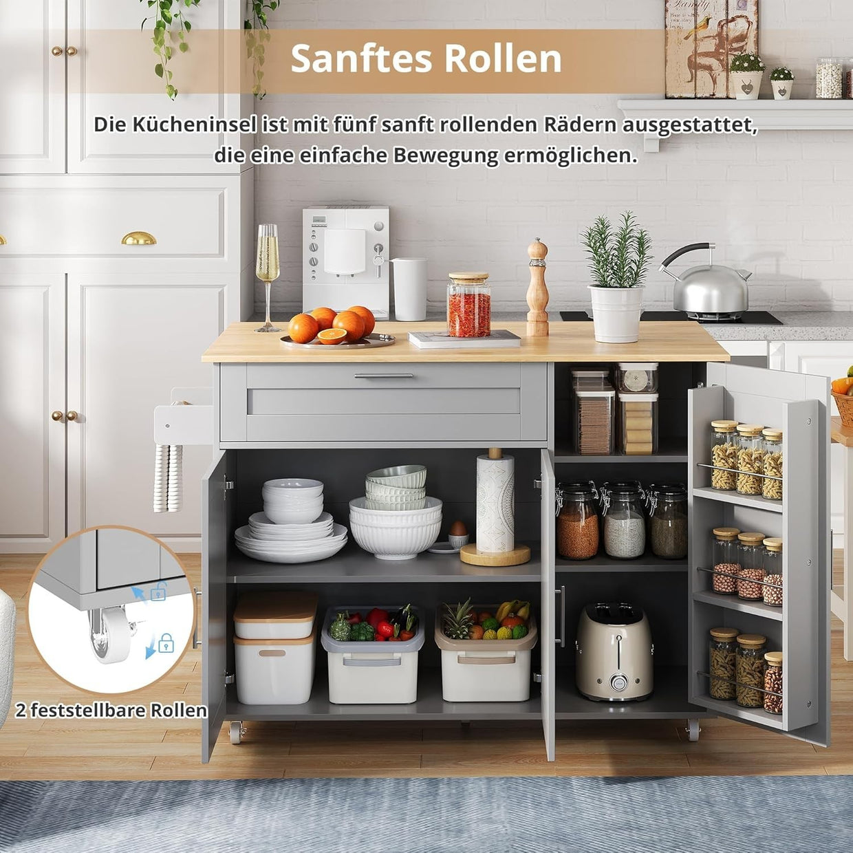 Large Mobile Kitchen Cart with Foldable Oak Countertop & Spacious Storage - Kwikley
