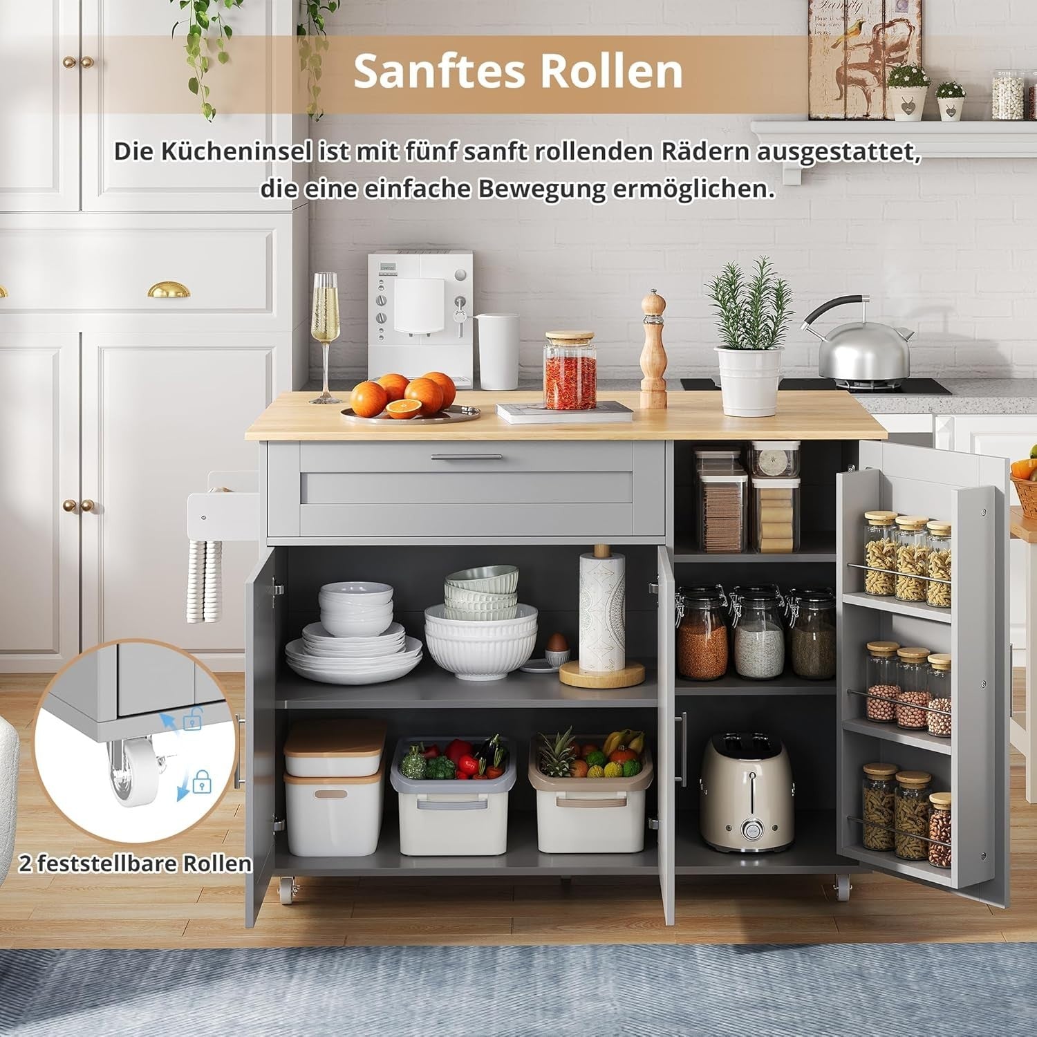 Large Mobile Kitchen Cart with Foldable Oak Countertop & Spacious Storage - Kwikley