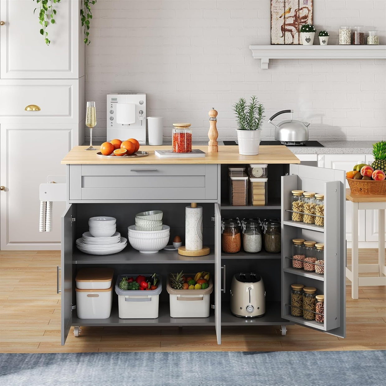 Large Mobile Kitchen Cart with Foldable Oak Countertop & Spacious Storage - Kwikley