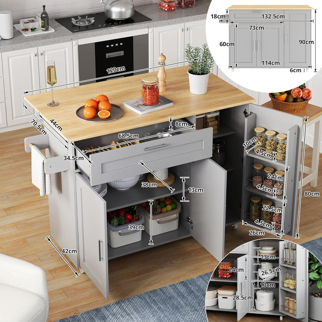 Large Mobile Kitchen Cart with Foldable Oak Countertop & Spacious Storage - Kwikley