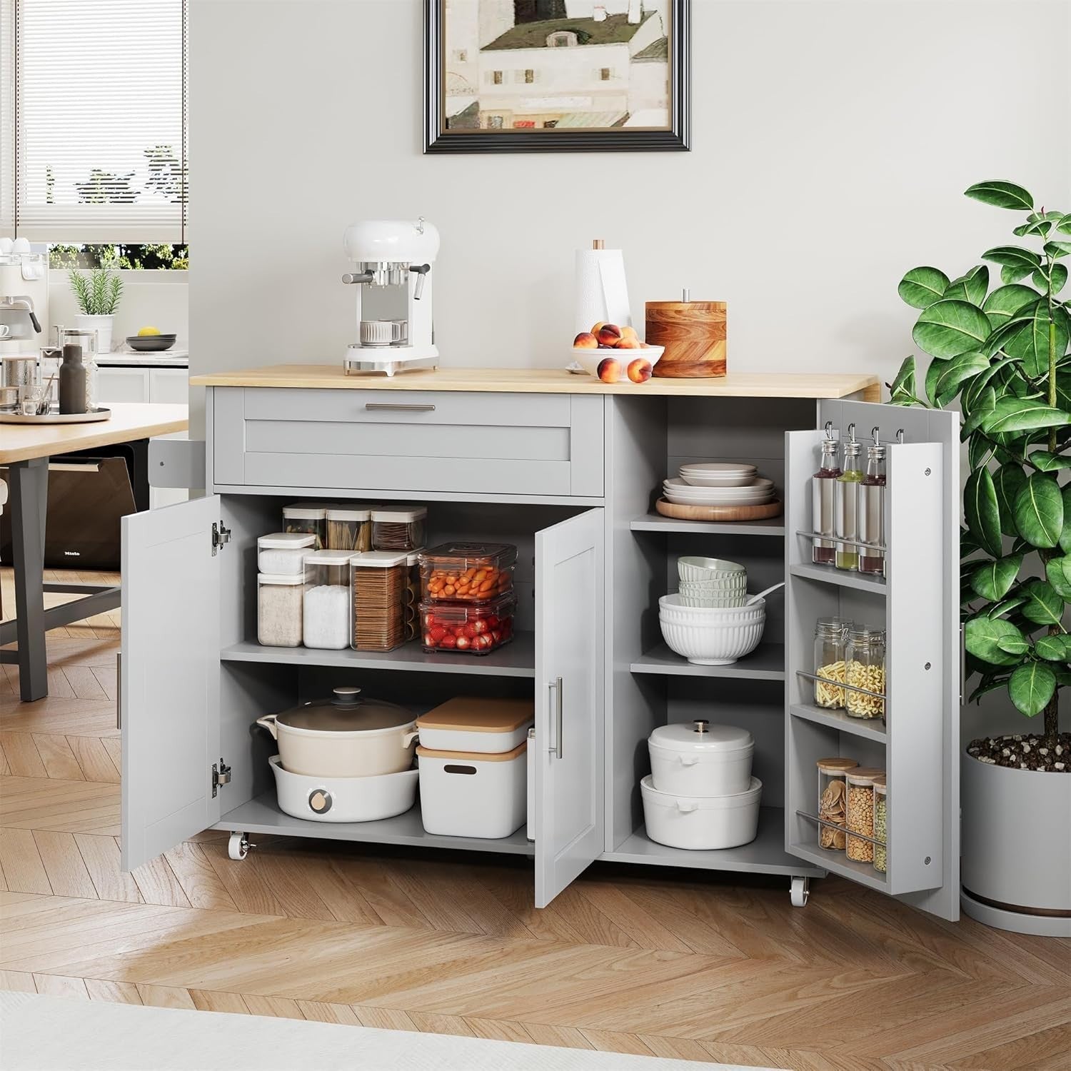 Large Mobile Kitchen Cart with Foldable Oak Countertop & Spacious Storage - Kwikley
