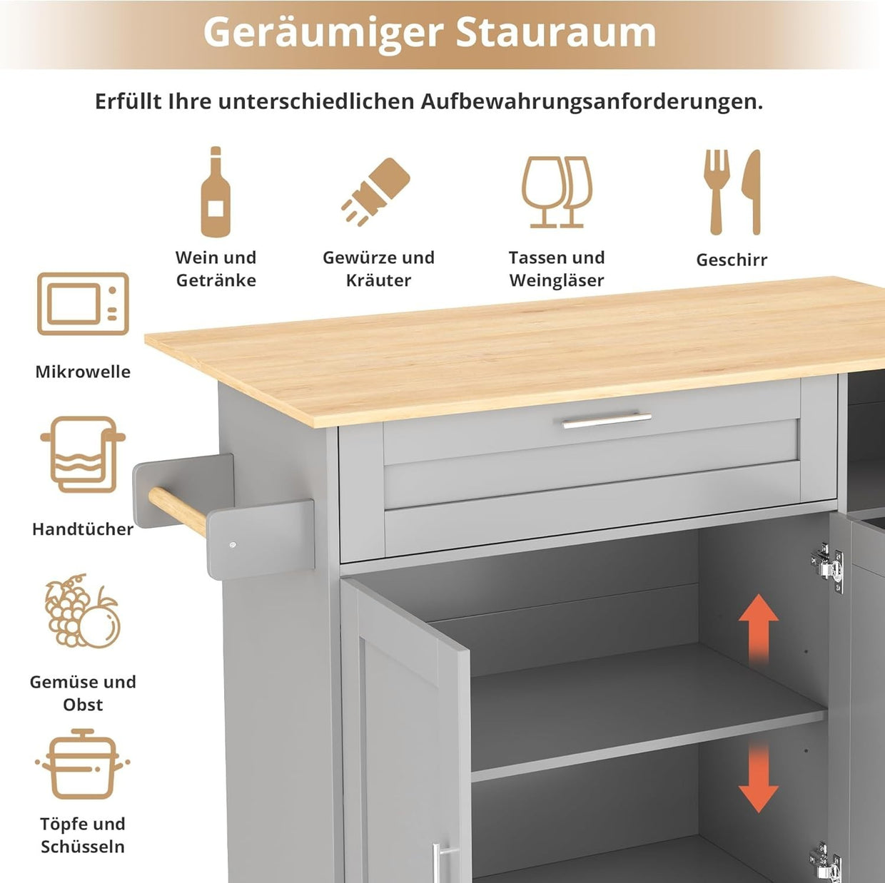 Large Mobile Kitchen Cart with Foldable Oak Countertop & Spacious Storage - Kwikley