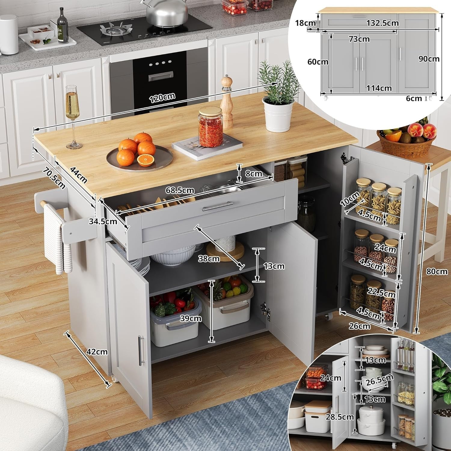 Large Mobile Kitchen Cart with Foldable Oak Countertop & Spacious Storage - Kwikley
