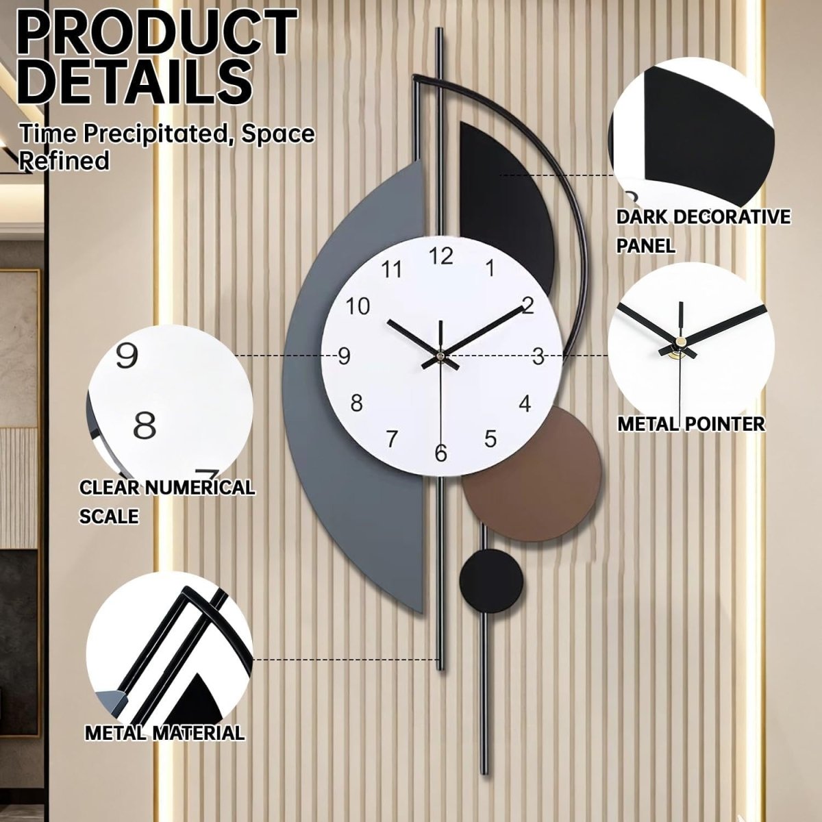 Large Modern Wall Clock Grey Brown Metal Silent 70x28cm - Kwikley