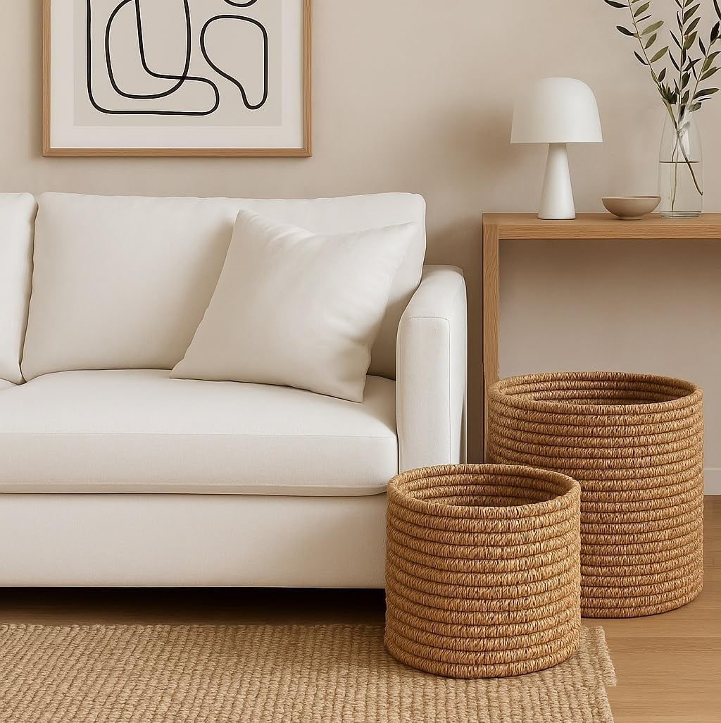 Large Natural Seagrass Storage & Laundry Baskets Set – Durable Ringed Design, 45 - Kwikley