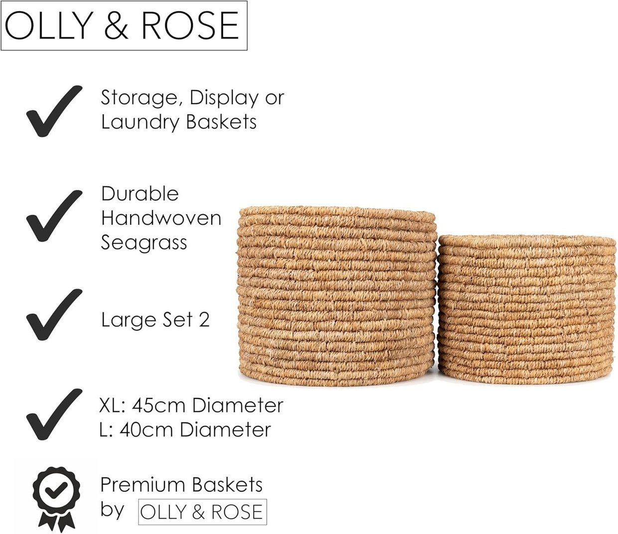 Large Natural Seagrass Storage & Laundry Baskets Set – Durable Ringed Design, 45 - Kwikley