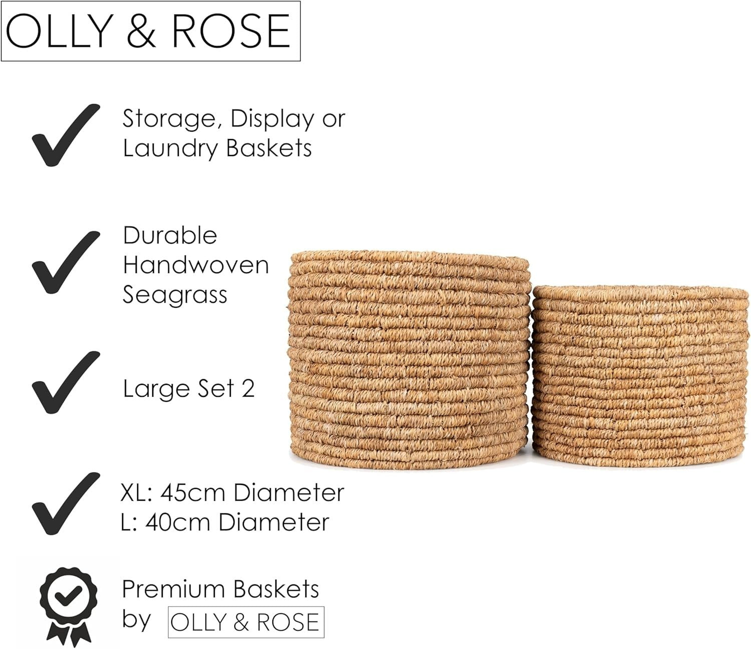 Large Natural Seagrass Storage & Laundry Baskets Set – Durable Ringed Design, 45 - Kwikley