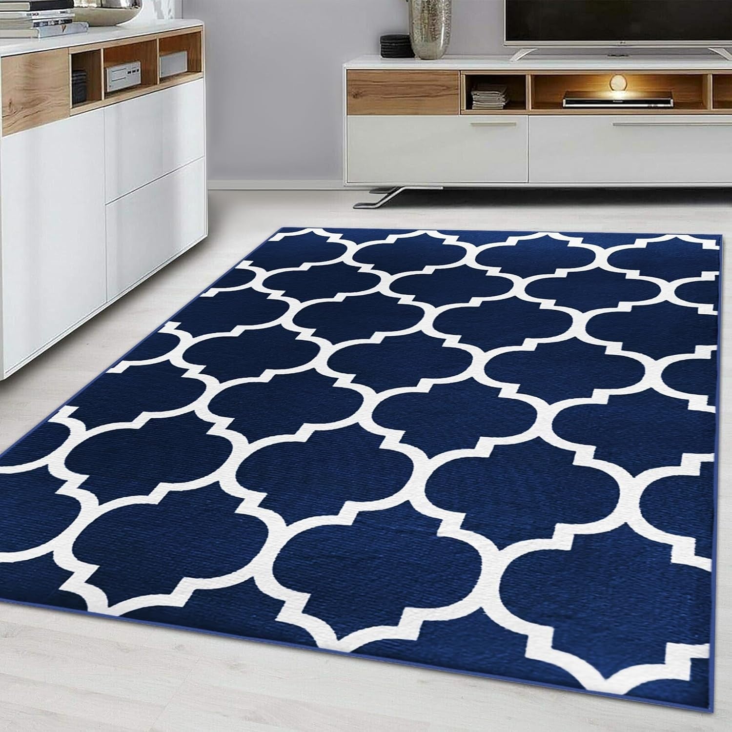Large Navy Trellis Rug 160x230cm Soft Modern Non - Slip Area Carpet Living Room - Kwikley