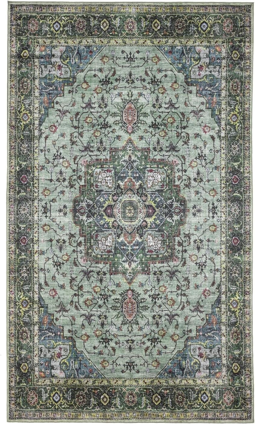 Large Oriental Area Rug 300x500cm Green Multi Low Pile Machine Washable - Kwikley
