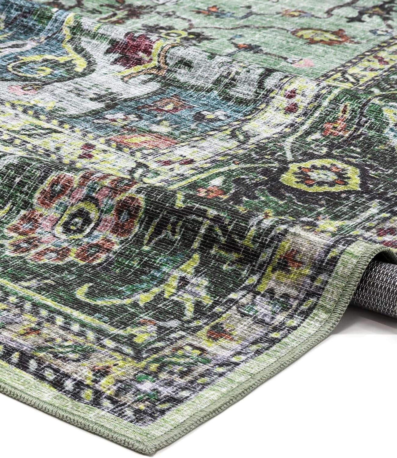 Large Oriental Area Rug 300x500cm Green Multi Low Pile Machine Washable - Kwikley