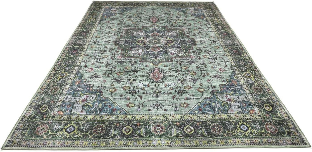 Large Oriental Area Rug 300x500cm Green Multi Low Pile Machine Washable - Kwikley