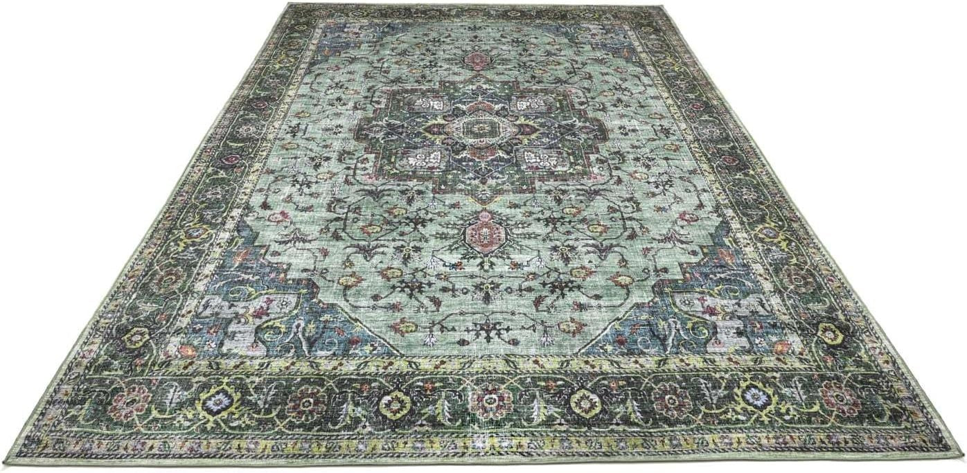Large Oriental Area Rug 300x500cm Green Multi Low Pile Machine Washable - Kwikley