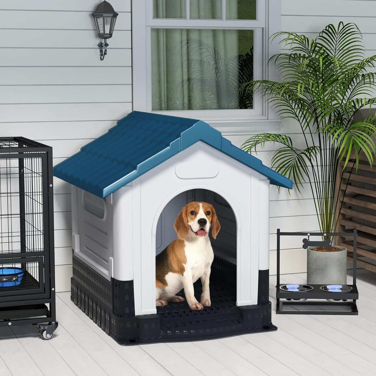 Large Outdoor Dog House Weatherproof Kennel Raised Base Vents Easy Clean Blue - Kwikley