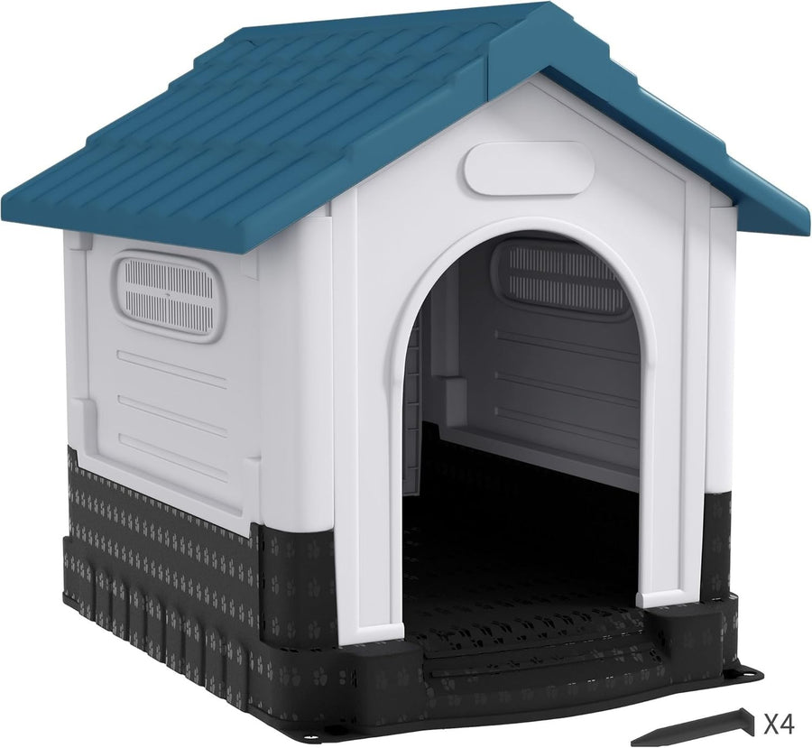 Large Outdoor Dog House Weatherproof Kennel Raised Base Vents Easy Clean Blue - Kwikley