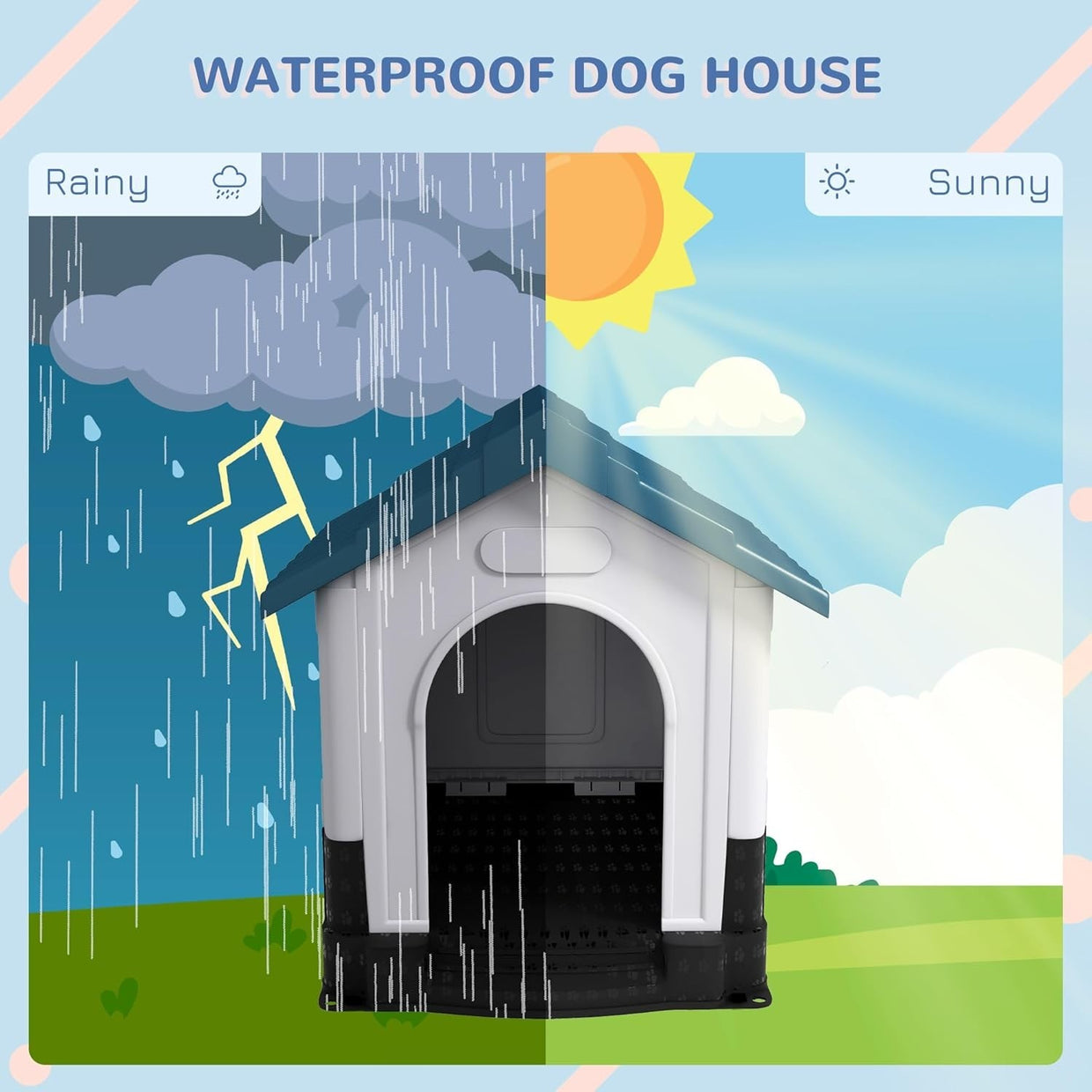 Large Outdoor Dog House Weatherproof Kennel Raised Base Vents Easy Clean Blue - Kwikley