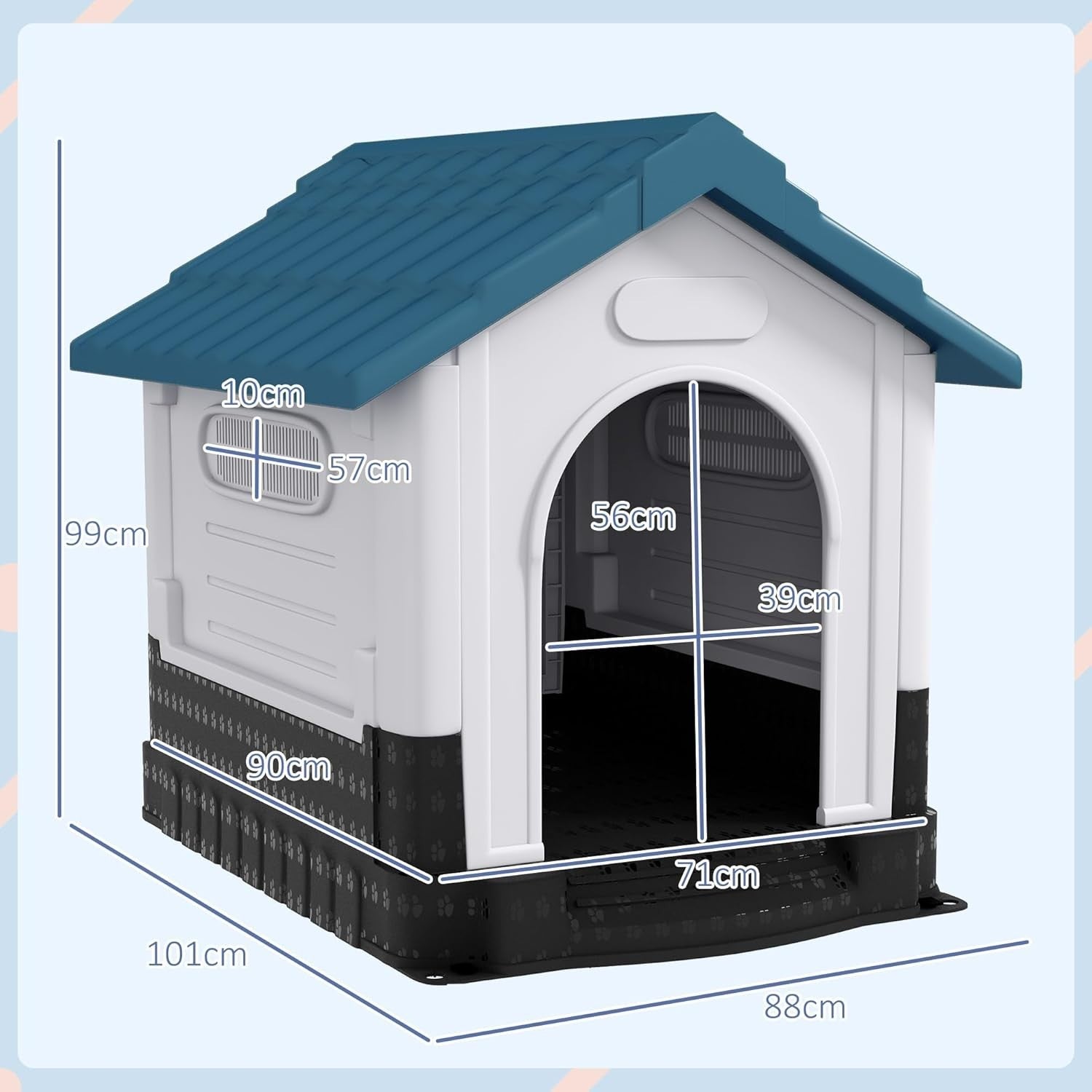 Large Outdoor Dog House Weatherproof Kennel Raised Base Vents Easy Clean Blue - Kwikley