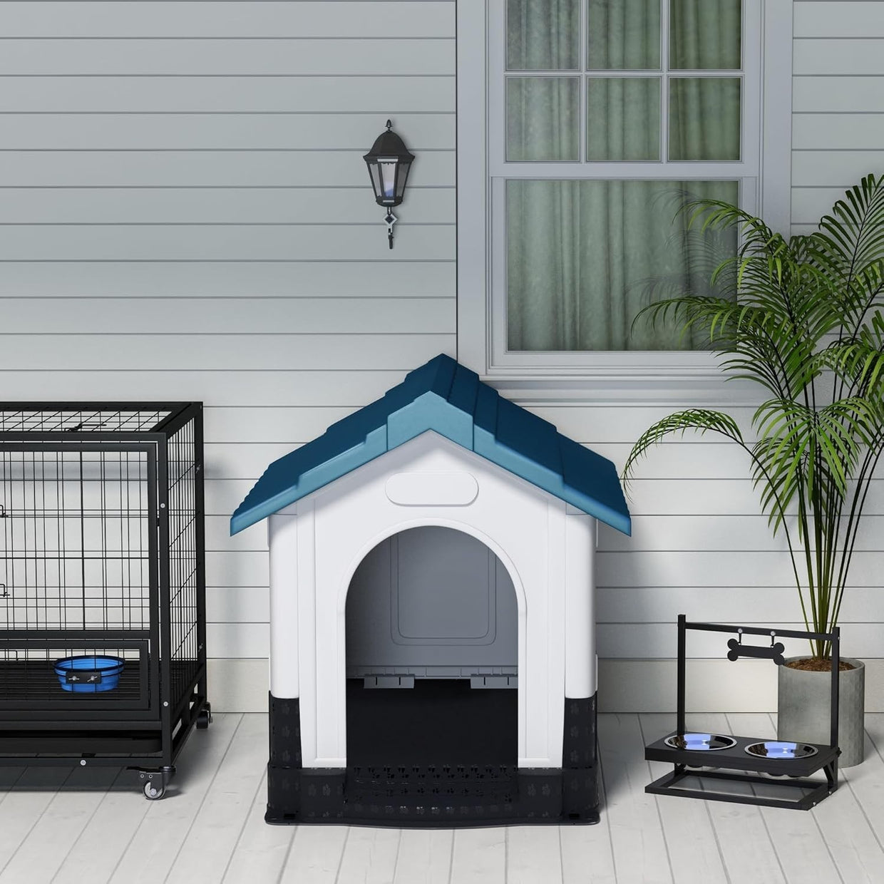 Large Outdoor Dog House Weatherproof Kennel Raised Base Vents Easy Clean Blue - Kwikley