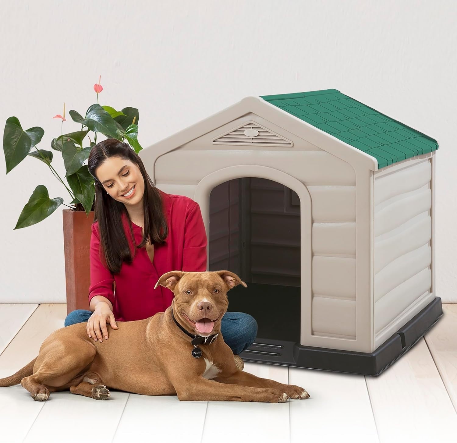 Large Outdoor Dog Kennel House Green Roof Weatherproof Easy Clean Shelter - Kwikley