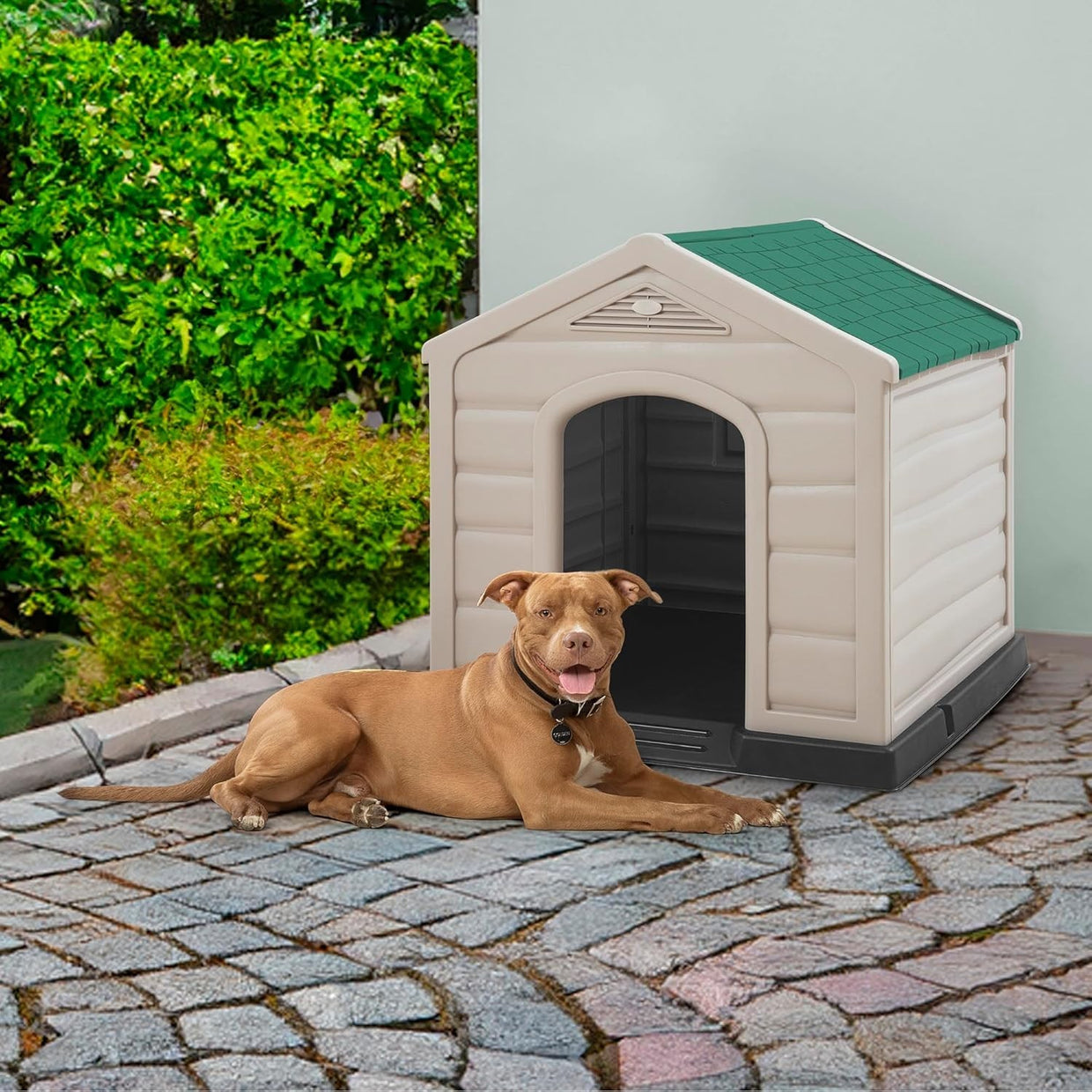 Large Outdoor Dog Kennel House Green Roof Weatherproof Easy Clean Shelter - Kwikley