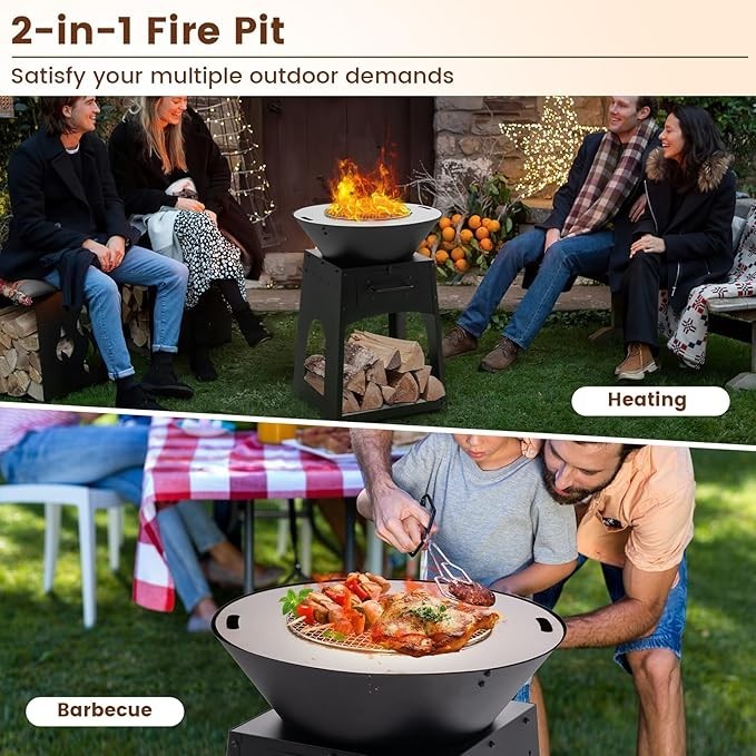 Large Outdoor Fire Pit Grill 2 - in - 1 Wood Burning Heater BBQ Stove Durable Metal - Kwikley