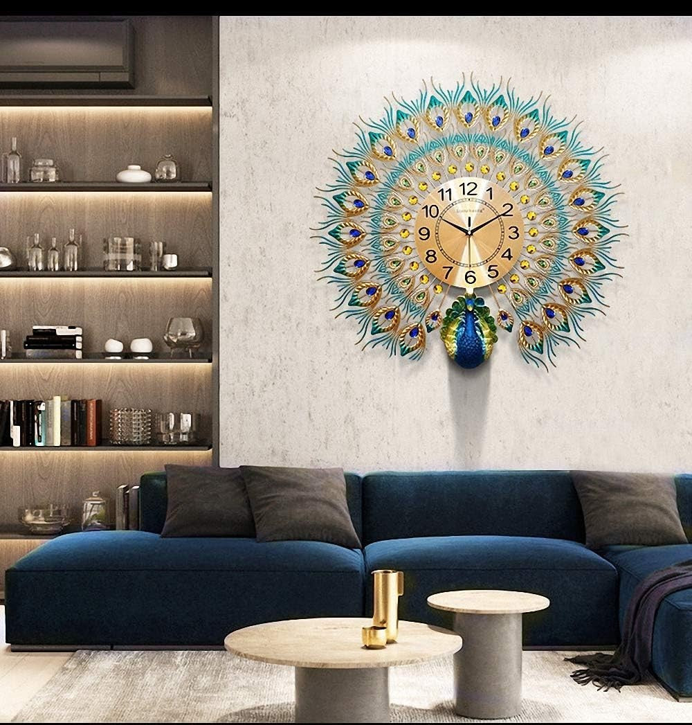 Large Peacock Wall Clock Silent Quartz Movement Multicolor Home Decor - Kwikley
