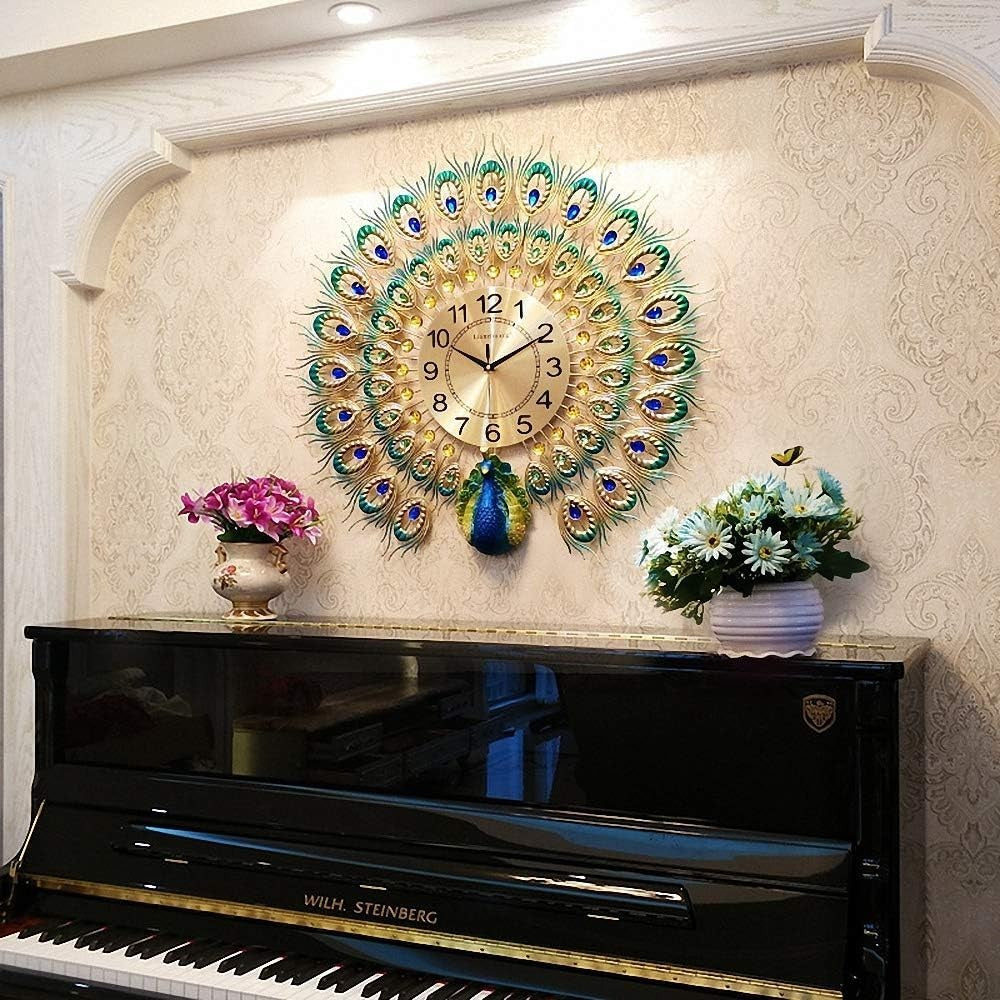 Large Peacock Wall Clock Silent Quartz Movement Multicolor Home Decor - Kwikley