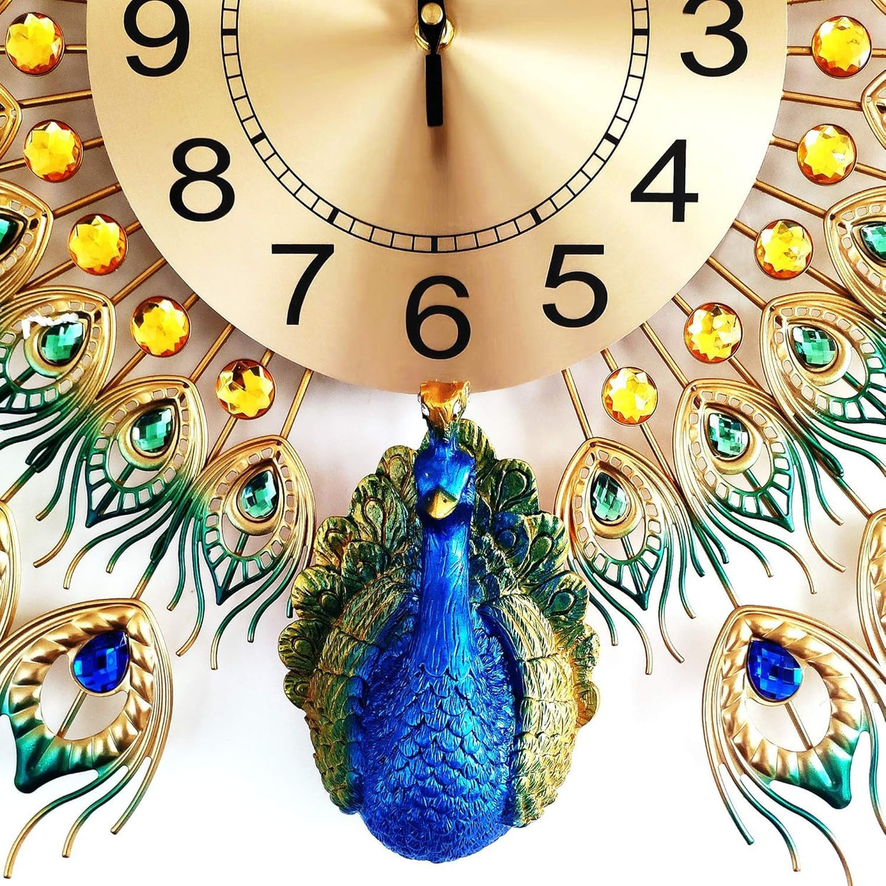 Large Peacock Wall Clock Silent Quartz Movement Multicolor Home Decor - Kwikley