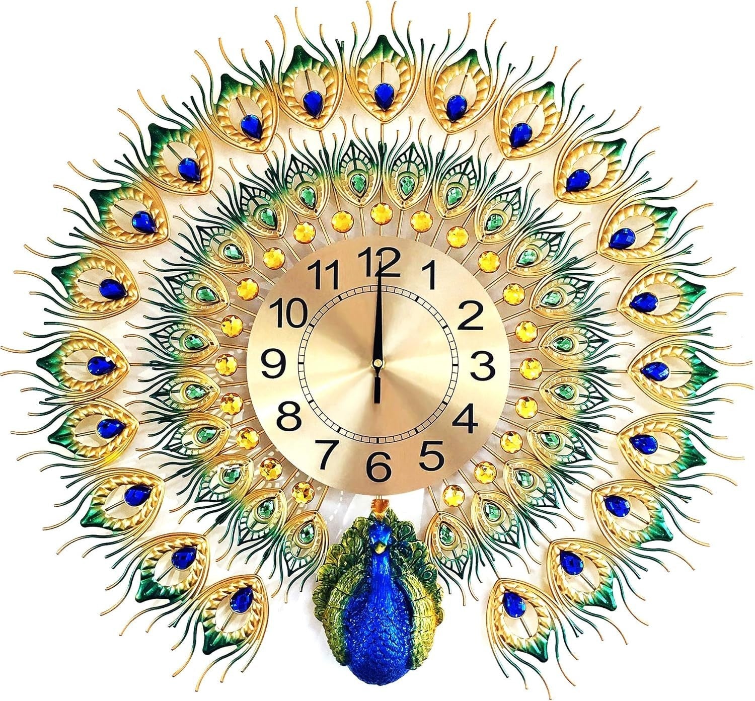 Large Peacock Wall Clock Silent Quartz Movement Multicolor Home Decor - Kwikley