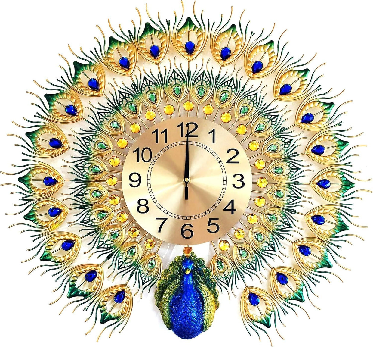 Large Peacock Wall Clock Silent Quartz Movement Multicolor Home Decor - Kwikley