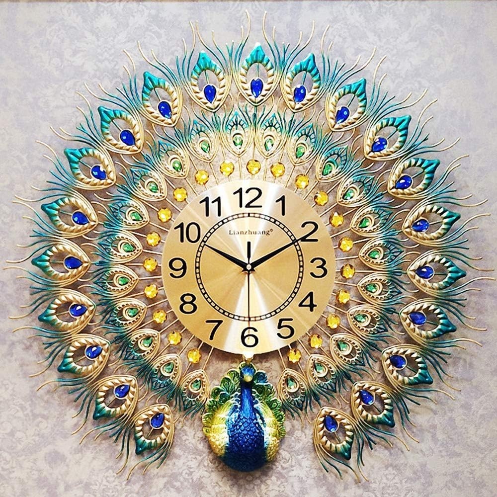 Large Peacock Wall Clock Silent Quartz Movement Multicolor Home Decor - Kwikley