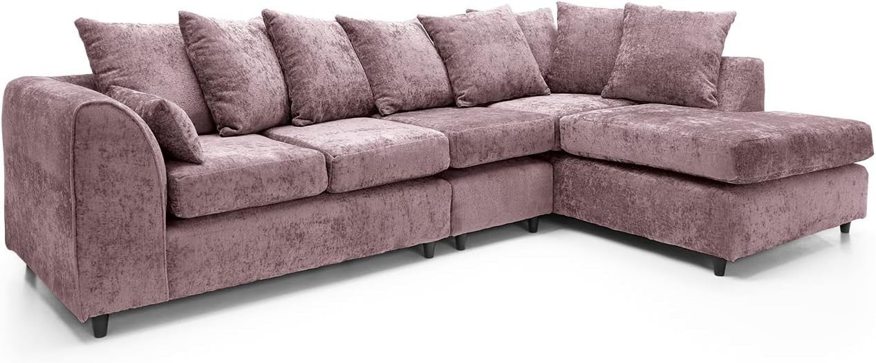 Large Pink Chenille Corner Sofa – Right Hand L - Shaped Couch – 5 Seater - Kwikley