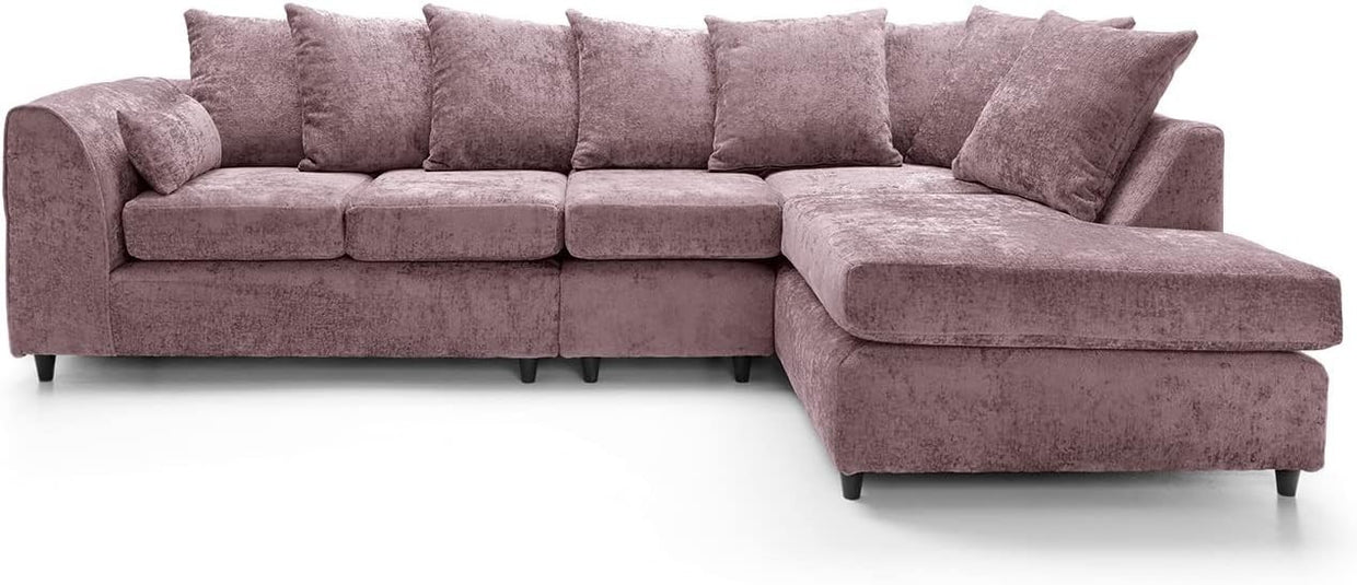 Large Pink Chenille Corner Sofa – Right Hand L - Shaped Couch – 5 Seater - Kwikley