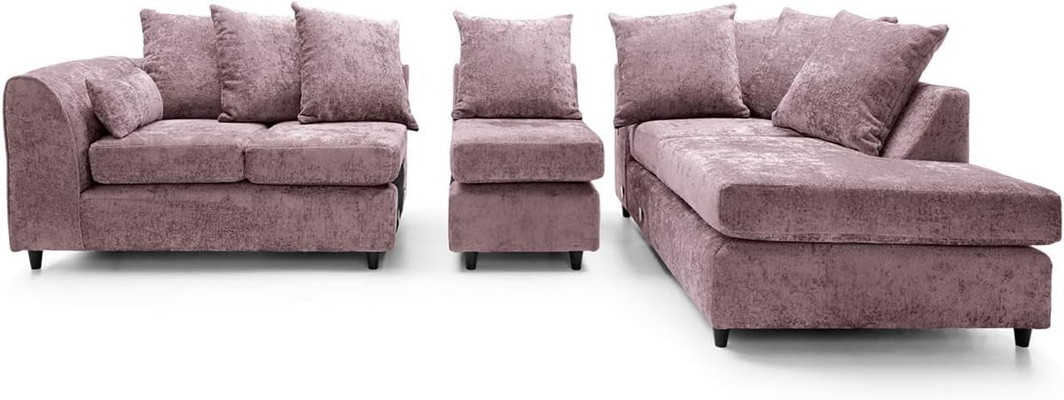 Large Pink Chenille Corner Sofa – Right Hand L - Shaped Couch – 5 Seater - Kwikley