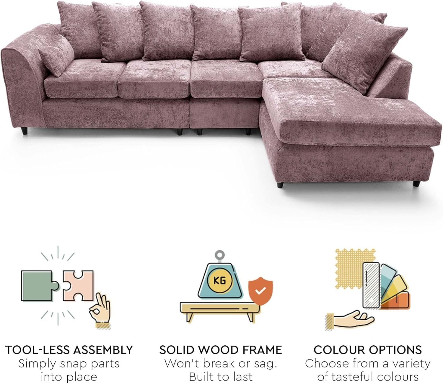 Large Pink Chenille Corner Sofa – Right Hand L - Shaped Couch – 5 Seater - Kwikley