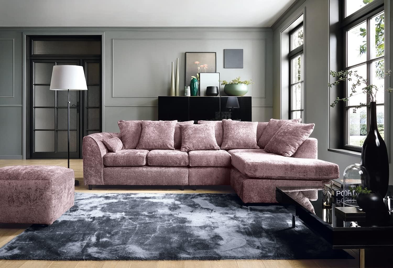 Large Pink Chenille Corner Sofa – Right Hand L - Shaped Couch – 5 Seater - Kwikley