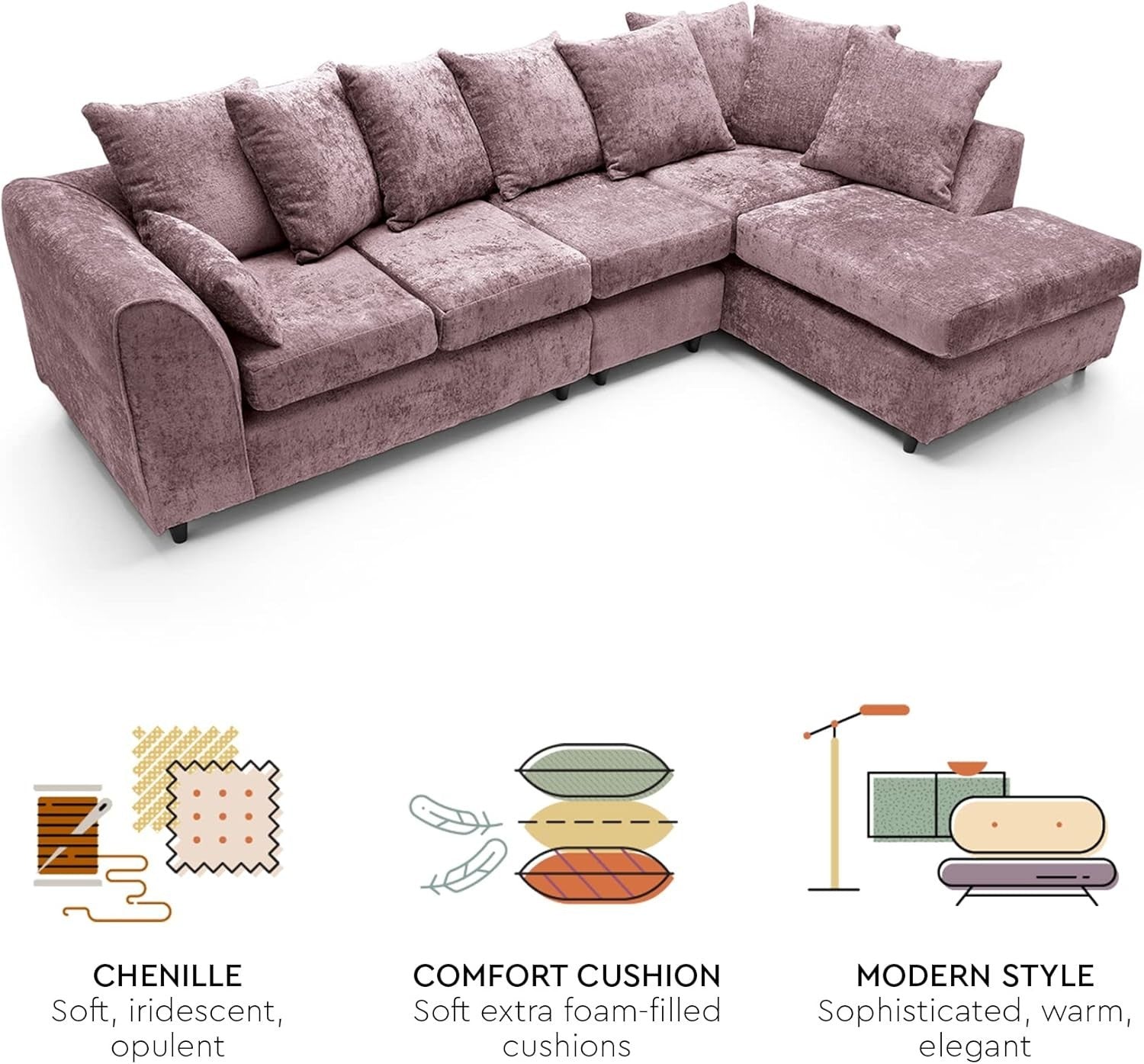 Large Pink Chenille Corner Sofa – Right Hand L - Shaped Couch – 5 Seater - Kwikley