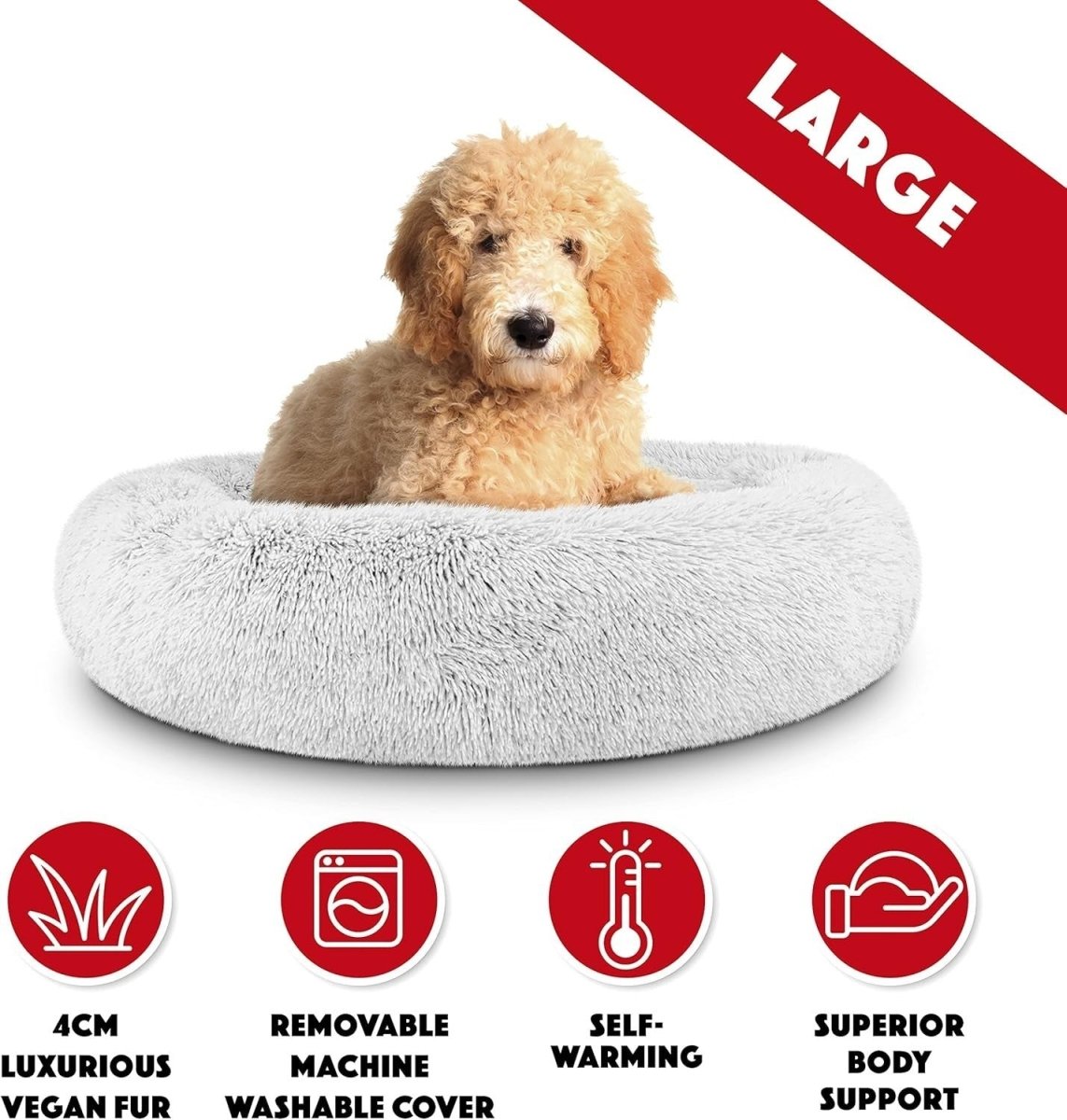 Large Plush Donut Dog Bed 91cm Calming Round Nest Ice White - Kwikley