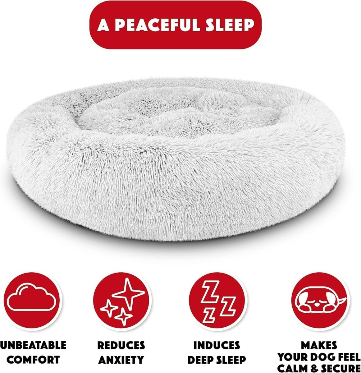 Large Plush Donut Dog Bed 91cm Calming Round Nest Ice White - Kwikley