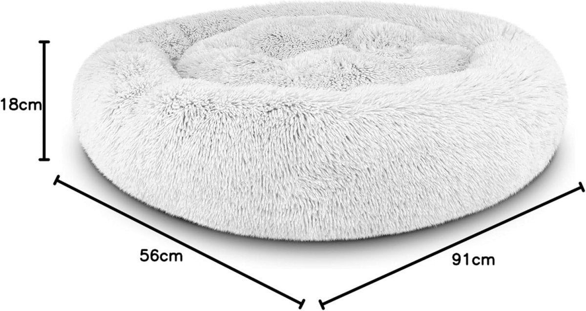 Large Plush Donut Dog Bed 91cm Calming Round Nest Ice White - Kwikley