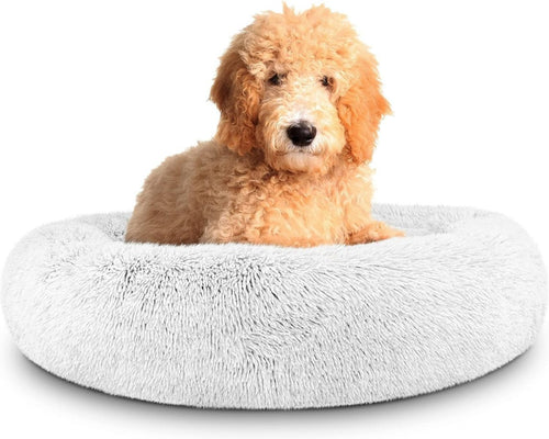 Large Plush Donut Dog Bed 91cm Calming Round Nest Ice White - Kwikley