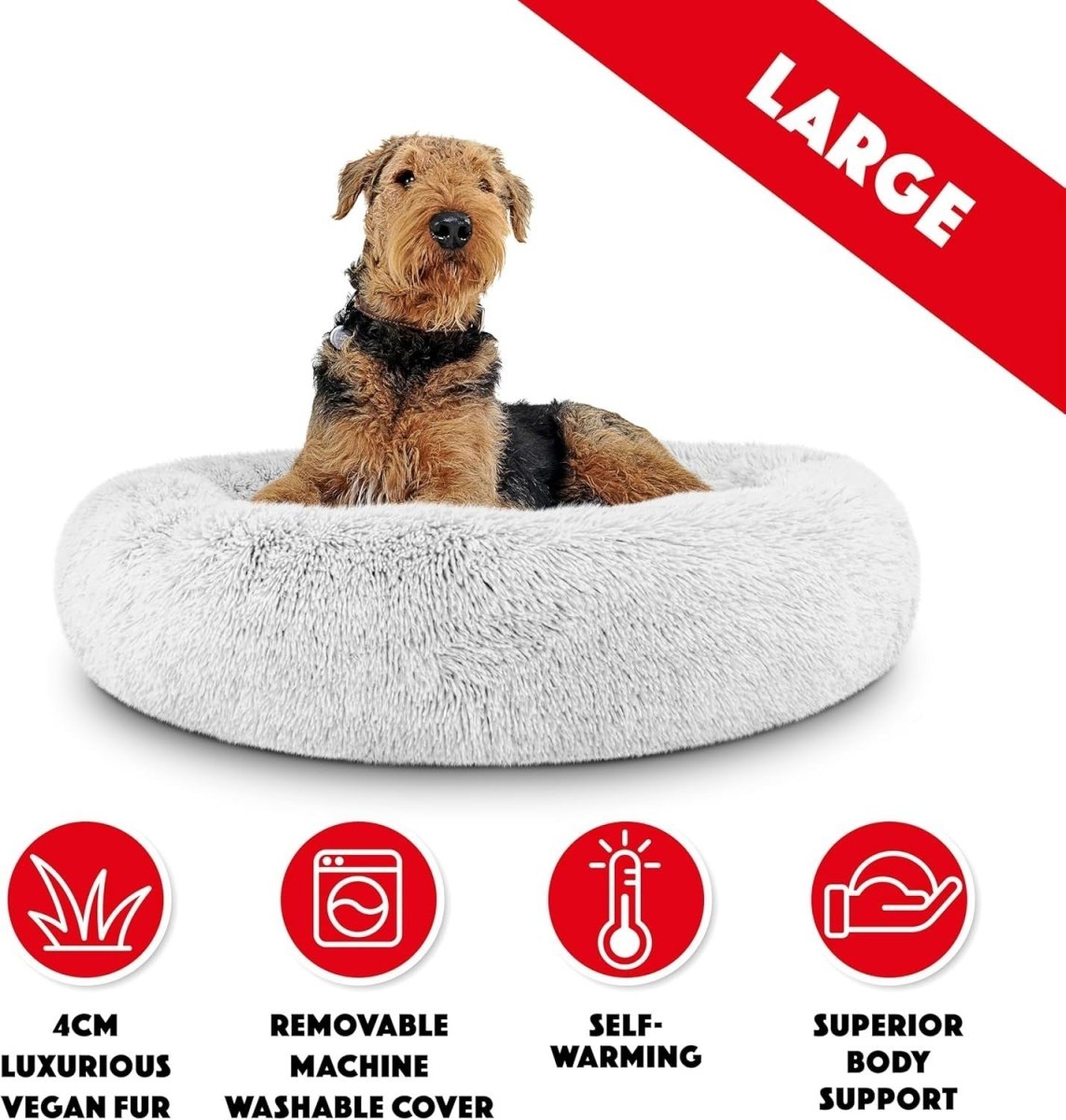 Large Plush Donut Dog Bed 91cm Calming Round Nest Ice White - Kwikley