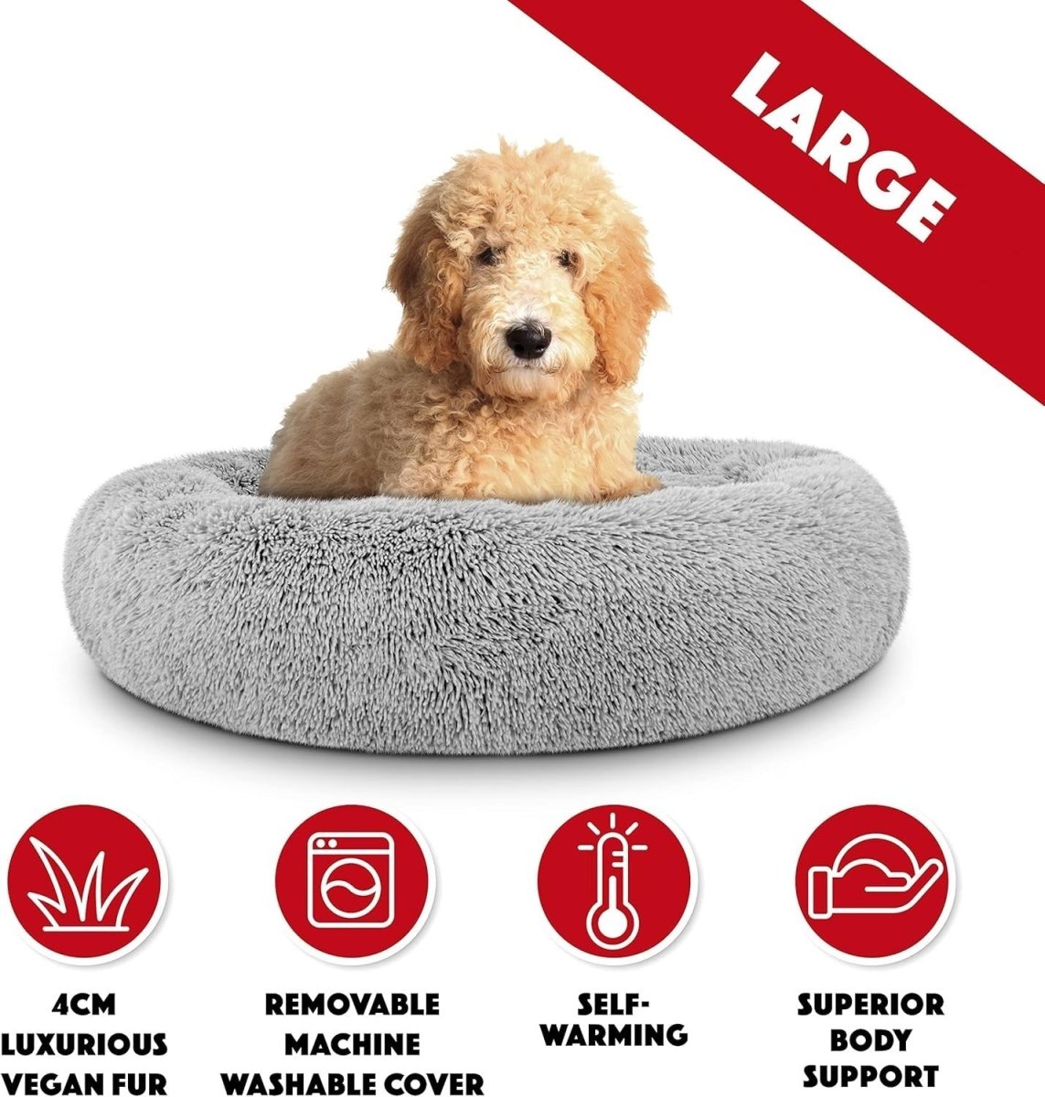 Large Plush Donut Dog Bed 91cm Calming Round Nest Silver - Kwikley