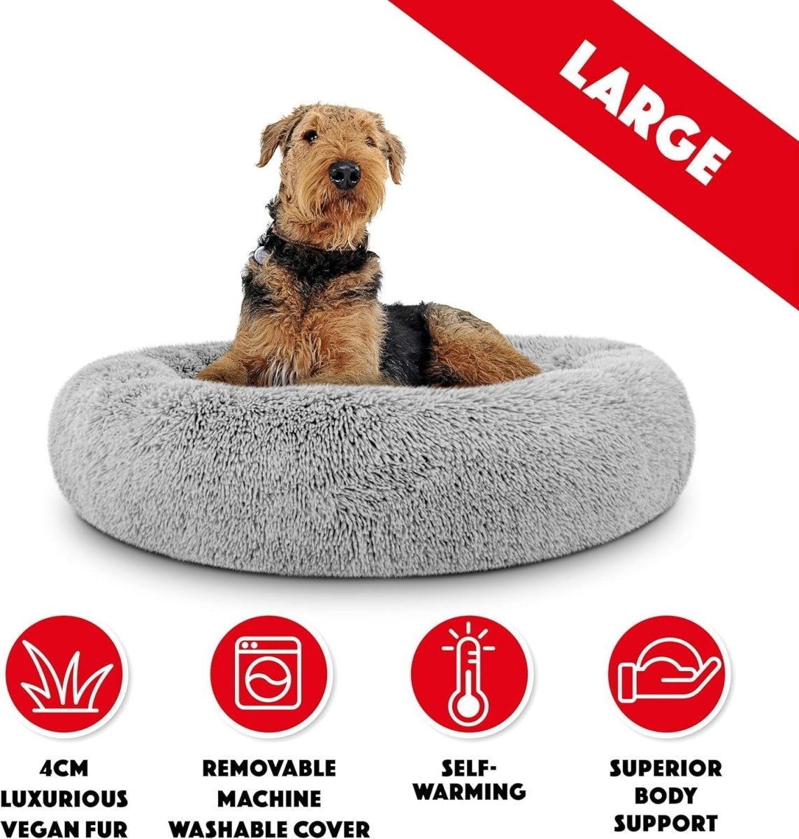 Large Plush Donut Dog Bed 91cm Calming Round Nest Silver - Kwikley