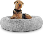 Large Plush Donut Dog Bed 91cm Calming Round Nest Silver - Kwikley